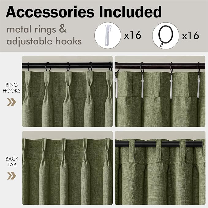 MIULEE Olive Green Pinch Pleated Thick Linen Curtains 108 Inches Long 2 Panels - Image 8