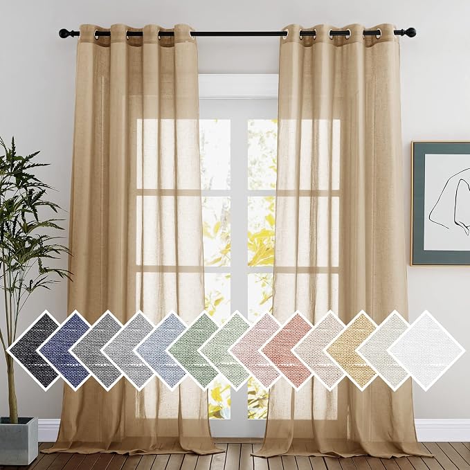 NICETOWN Sheer Linen Curtains Flax Texture 96 inch Long, Grommet Semi Sheer by NICETOWN
