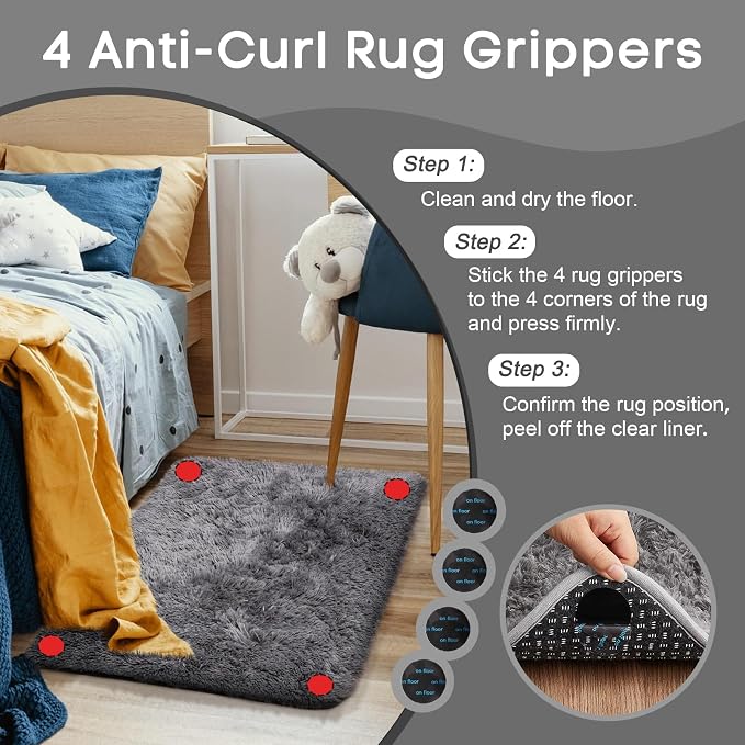 Ophanie Small Rug Upgrade Non Slip Throw Bedside Area Rugs, Fluffy Soft Grey - Image 2