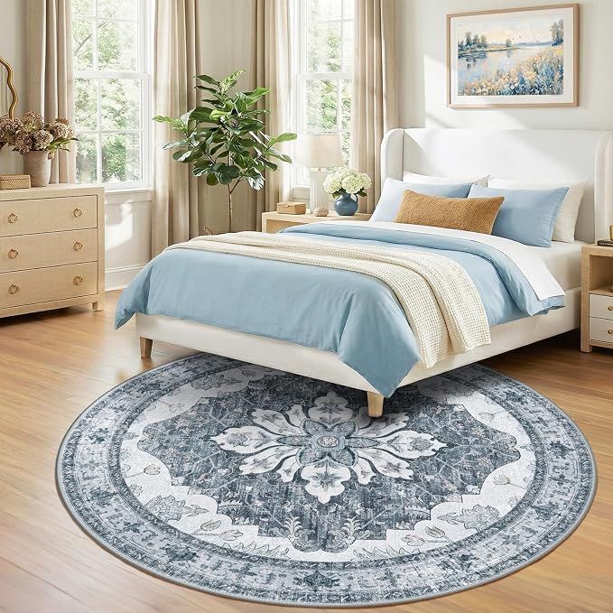 Area Rugs 8ft Washable Non-Slip, Floral Vintage Distress Print Pattern - Image 3