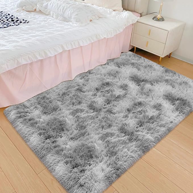 Small Area Rug for Bedroom 3x5ft Mini Tie Dye Grey Fluffy Rug Mat Bedside Throw - Image 4