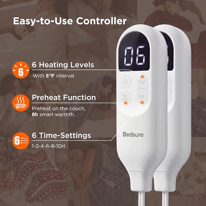 Bedsure Heated Blanket Queen Size, Dual Control Electric Blanket, 6 Heat/6 - Image 4