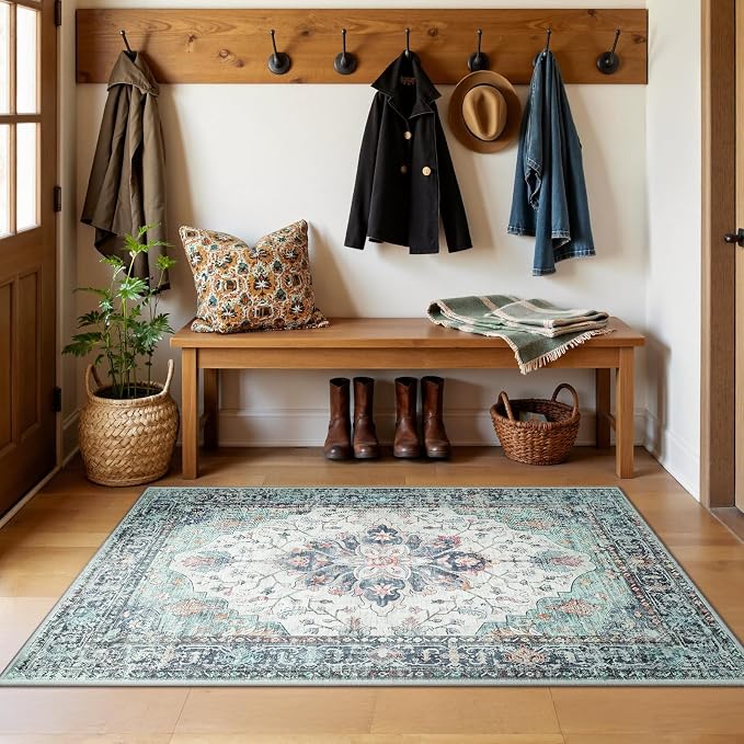 Area Rugs 3'x5' Washable Non-Slip, Floral Vintage Distress Print Pattern - Image 2