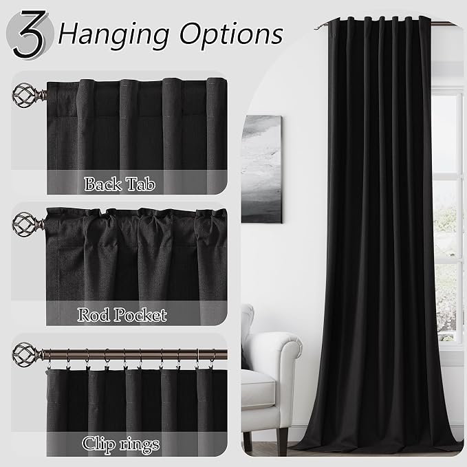 Guken Black 100% Blackout Linen Curtains 72 Inch Length 2 Panels Set - Image 6