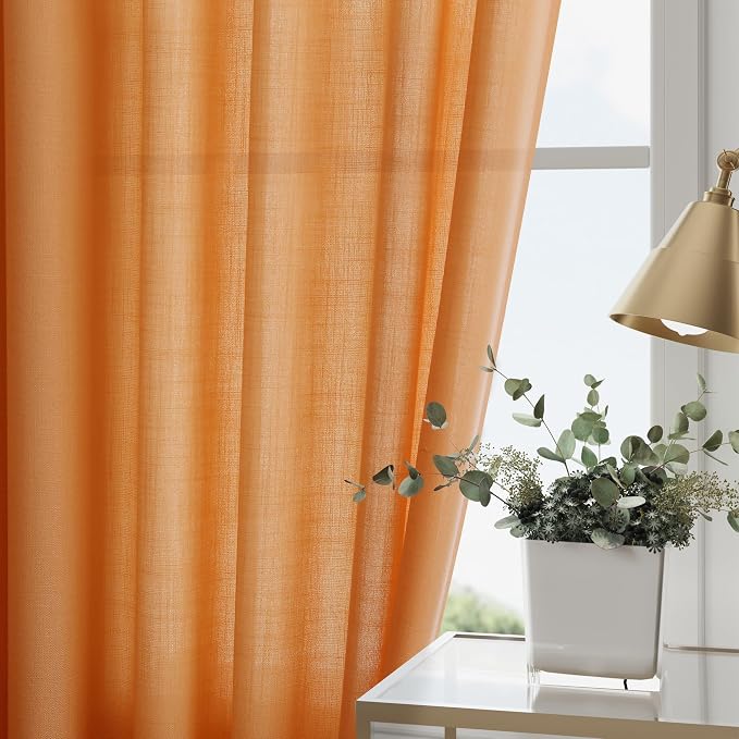 Nanspring Orange Linen Blend Drapes 84 Inch Length 2 Panels Set Back Tab Rod - Image 2