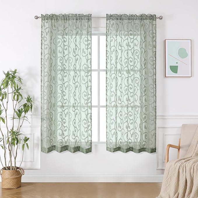 OWENIE Furman Sage Green Sheer Curtains 54 Inch Length 2 Panels Set by OWENIE