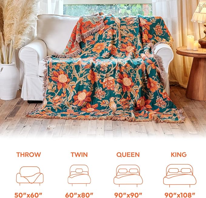 MSGKV Boho Throw Blanket for Couch Chair 100% Cotton Floral Bird Blanket - Image 6