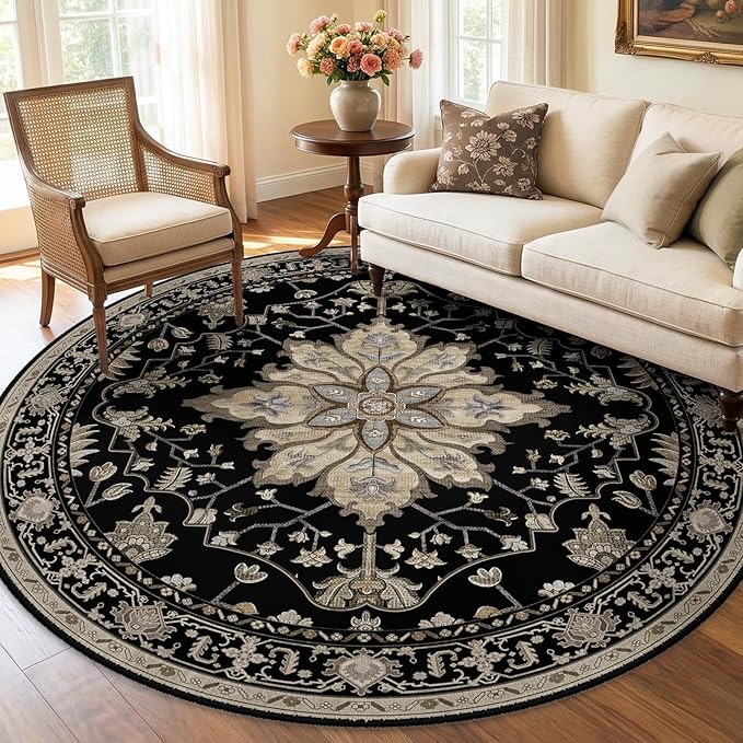 RELEANY Area Rugs 6ft Washable Non-Slip, Floral Vintage Distress Print Pattern by RELEANY