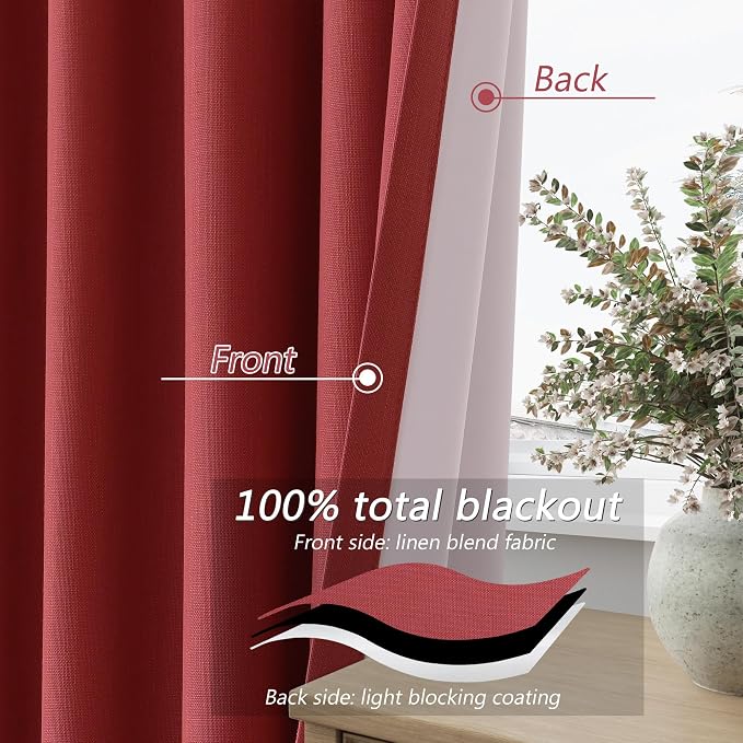 Guken Red 100% Blackout Linen Curtains 84 Inch Length 2 Panels Set - Image 3