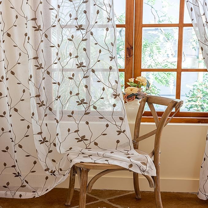 AmHoo 2 Panels Embroidered Leaf Pattern Semi Sheer Curtains Foliage Floral by AmHootextile