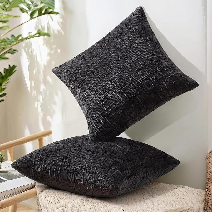 decorUhome Black Chenille Euro Sham Throw Pillow Covers 24x24 Set of 2 Textured - Image 6