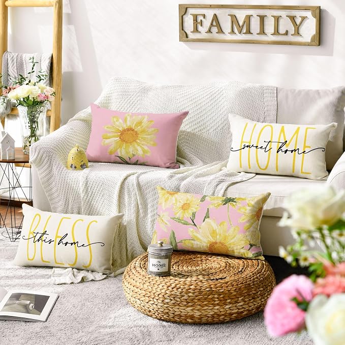 AVOIN colorlife Home Sweet Home Spring Summer Flowers Pink Throw Pillow Covers - Image 2