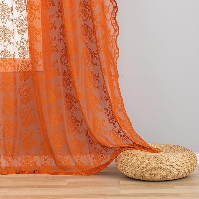 YJ YANJUN Vintage Lace Curtains 63 Inch Length Burnt Orange Sheer Curtains - Image 3