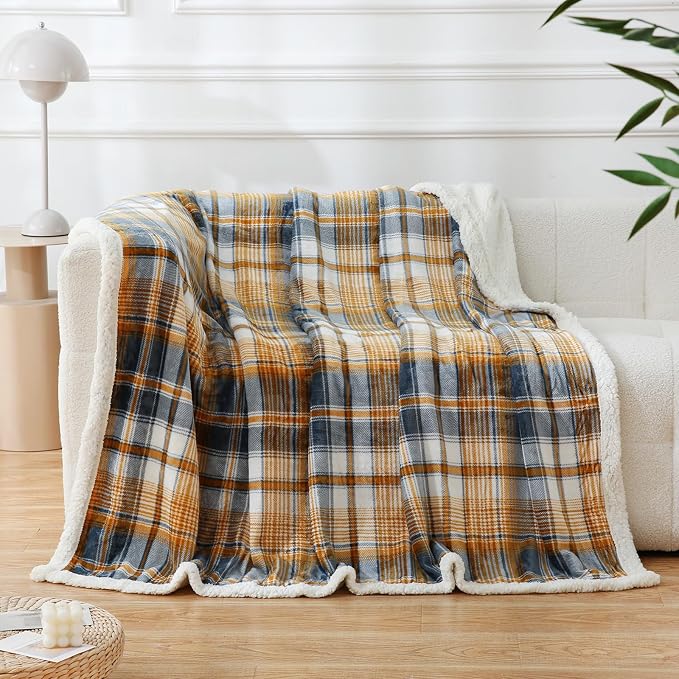 PU MEI Sherpa Blanket Twin Plaid Thick Bed Blanket, 60”*80” Super Soft Flannel - Image 5