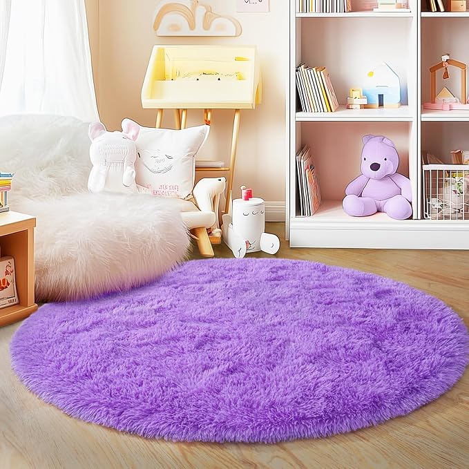 4'x4' Purple Round Rug for Bedroom, Ultra Soft Fluffy Circle Rug for Kids Girls - Image 8