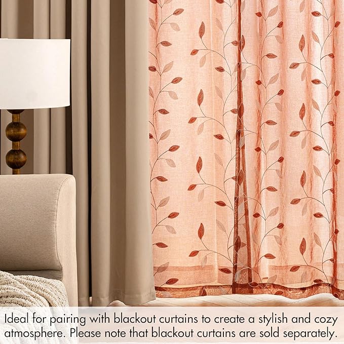 MIULEE Burnt Orange Sheer Curtains 2 Panels Embroidered Leaf Patterned Rod - Image 7