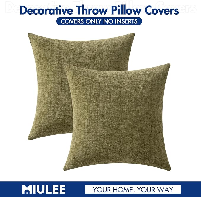 MIULEE Pack of 2 Couch Throw Pillow Covers 18x18 Inch Soft Olive Green Chenille - Image 6