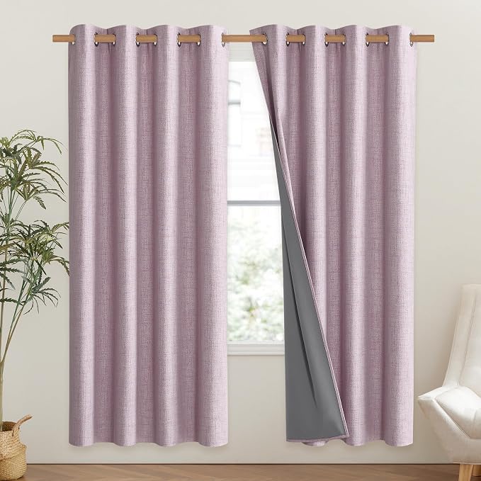 NICETOWN Pink Vintage Linen 100% Blackout Curtains - Image 2