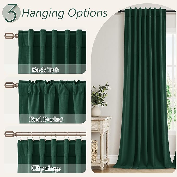 Guken Dark Green 100% Blackout Linen Curtains 84 Inch Length 2 Panels Set - Image 6