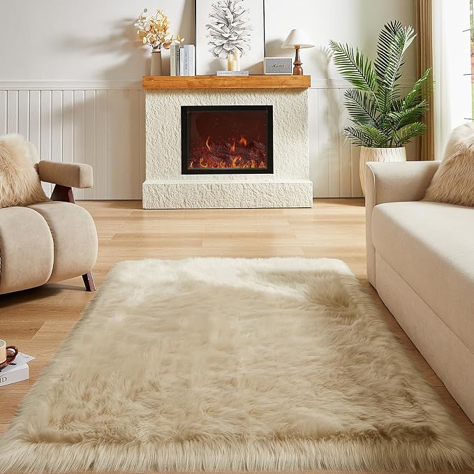 AMTOVO Faux Fur Sheepskin Rug for Living Room, 4 x 6 ft Beige Fluffy Area Rug - Image 2