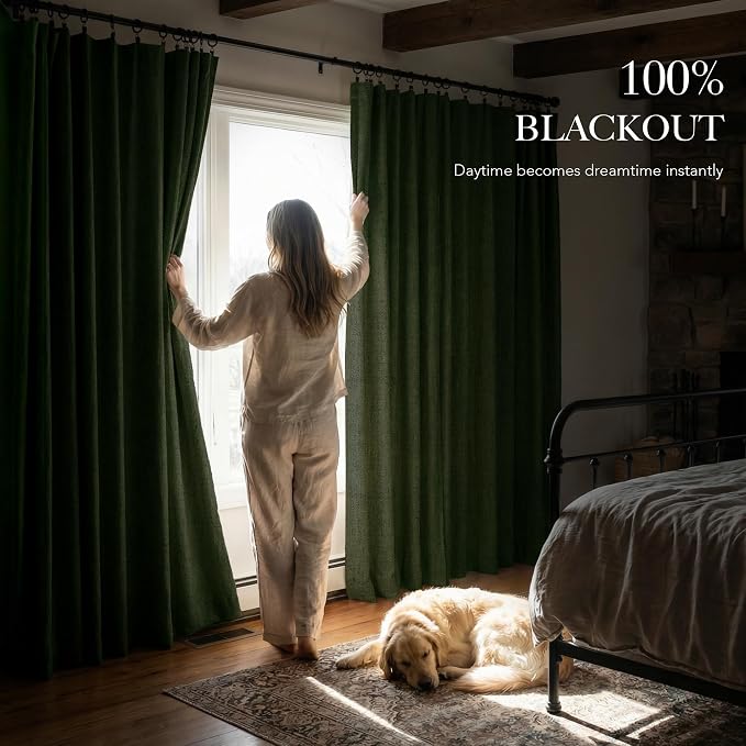 RYB HOME Olive Green 100% Blackout Linen Curtains 84 inches Long, Luxury - Image 3