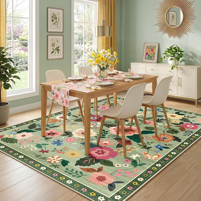 RELEANY Floral Washable 5x7 Area Rugs LightGreen | Flower Carpet Print Boho - Image 8