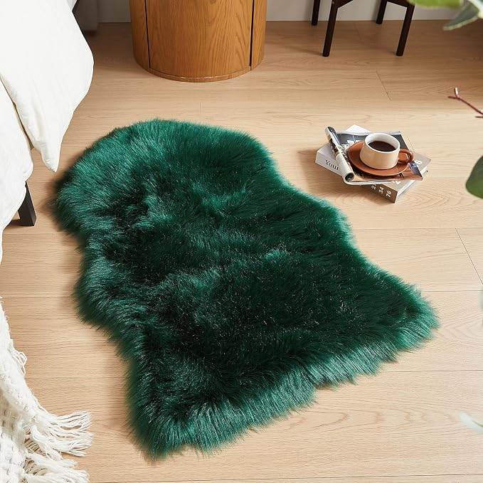 AMTOVO Faux Fur Rug, Dark Green Small Area Rug, Fluffy Sheepskin Rug, Fuzzy - Image 3