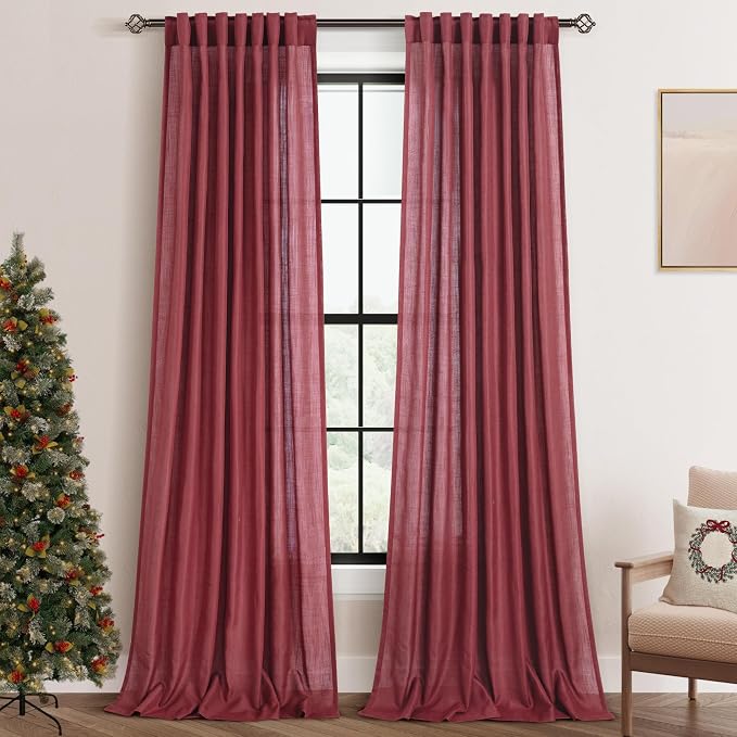 Burgundy Curtains for Living Room Back Tab Modern Farmhouse Semi Sheer Burgundy by Jolilight