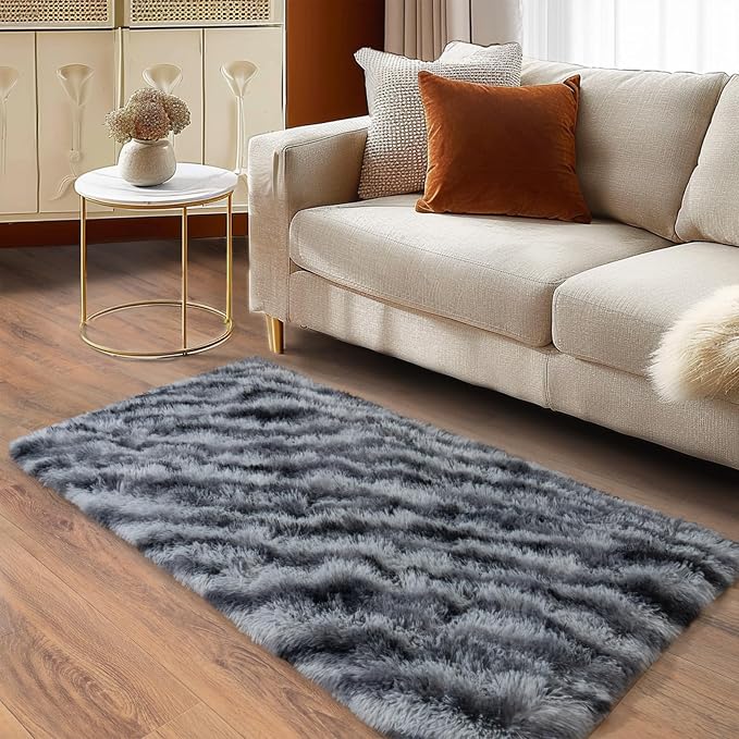 Soft Runner Rugs for Bedroom Hallways, 2x4 Black and White Fluffy Shag Throw - Image 3