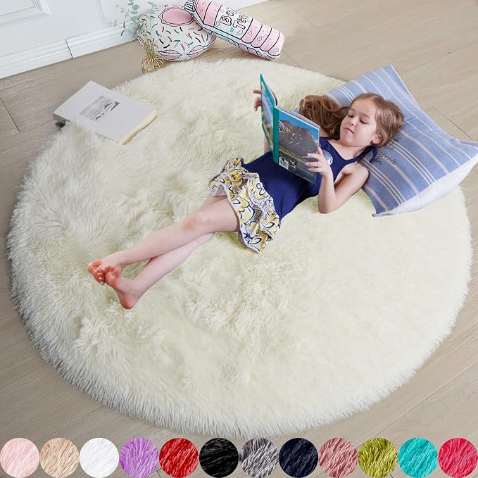 Amdrebio Ivory White Round Rug 4Ft by Amdrebio
