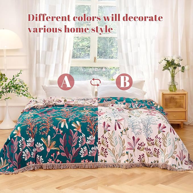 MSGKV Boho Throw Blanket for Bed 60"x80" Floral 100% Cotton Couch Blanket - Image 4