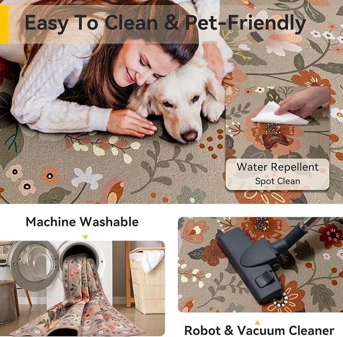 RELEANY Floral Washable 4x6 Area Rugs Brown/Brick | Flower Carpet Print Boho - Image 5