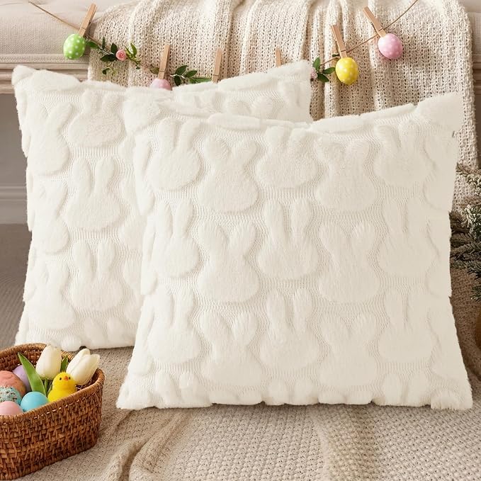 decorUhome Easter Bunny Pillow Covers 18x18 Inch Set of 2, Soft Plush Faux Wool - Image 7