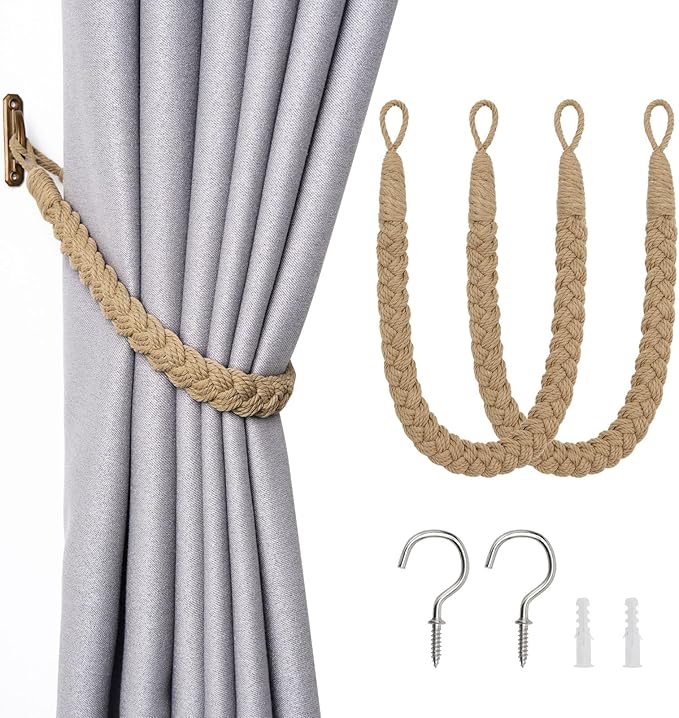 NICEEC 2 Pack Natural Cotton Rope Curtain Tiebacks Elegant Boho Style by NICEEC
