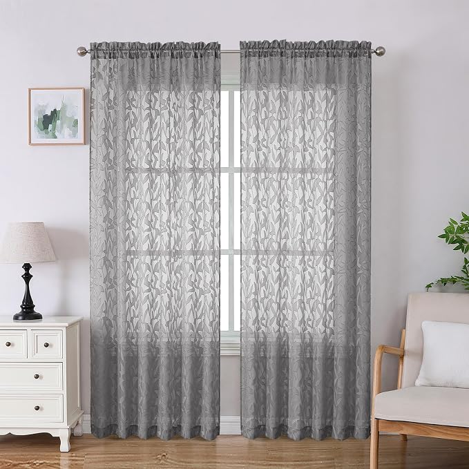 Lecloud Leia Charcoal Grey Sheer Curtains 84 Inches Long 2 Panels, Airy Leaf by Lecloud