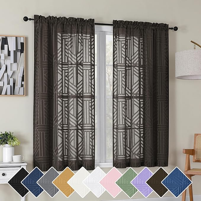 Simplebrand Chocolate Semi Sheer Curtains 54 Inch Length 2 Panels, Geometric by Simplebrand