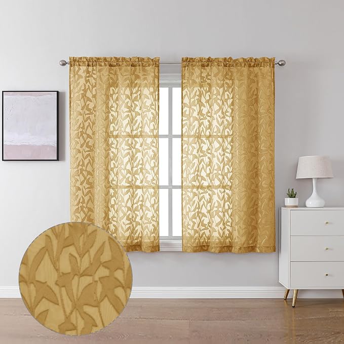 Lecloud Leia Dark Gold Semi Sheer Curtains 45 Inch Length 2 Panels, Balance by Lecloud