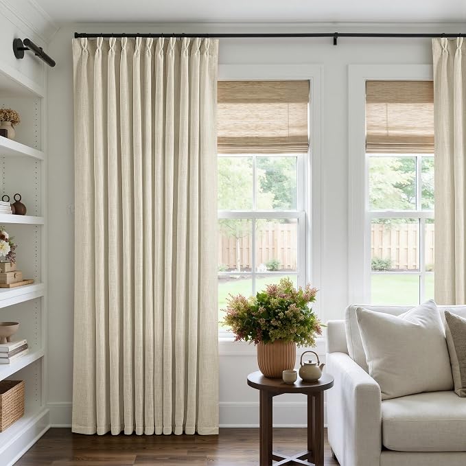 Pinch Pleat Extra Wide Beige Linen Curtain 108 Inches Long 70 Wide 1 Panel | by Twodrapes