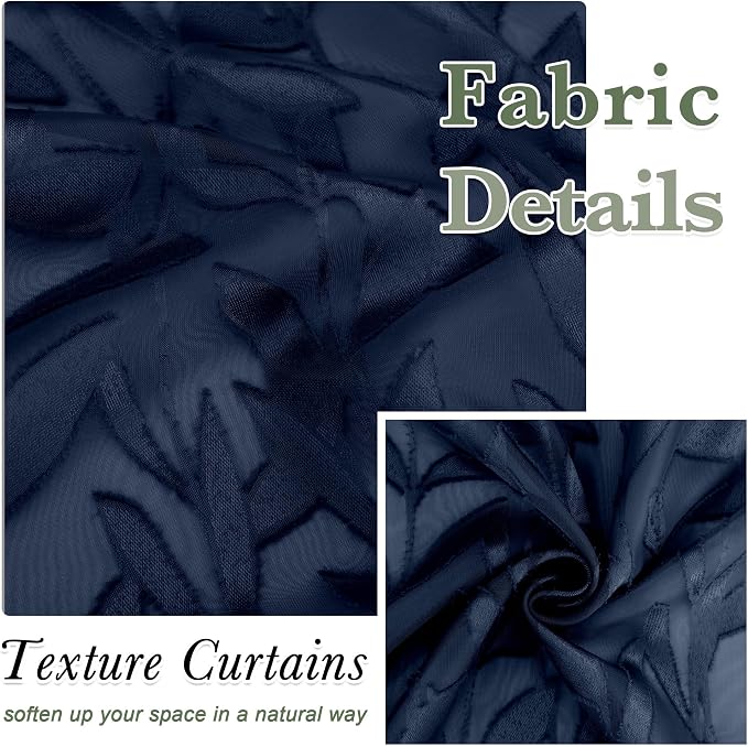 Lecloud Leia Navy Blue Kitchen Sheer Curtains 24 Inch 2 Pcs, Jacquard Leaf - Image 4