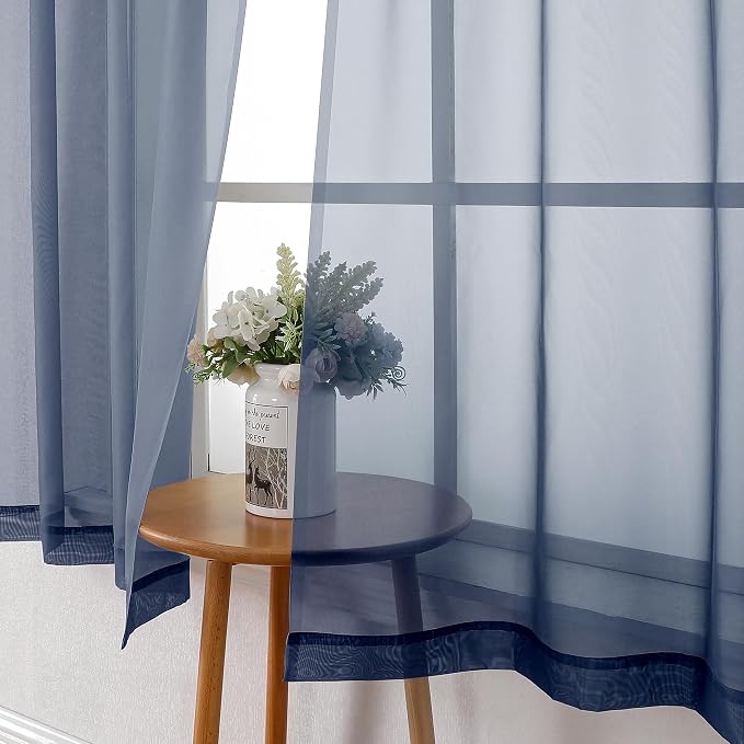Lecloud Navy Blue Sheer Curtains 63 Inch Long 2 Panels, Elegant Voile Drapes - Image 4