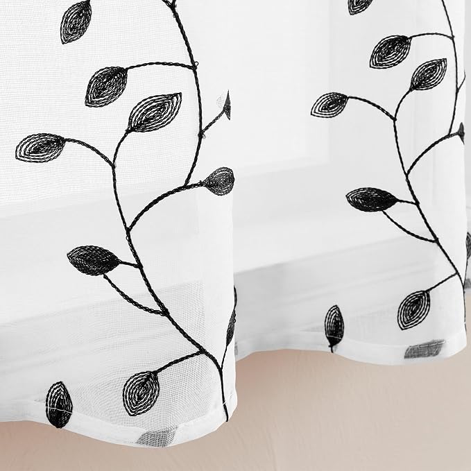 MRTREES Sheer Curtain Valance Rod Pocket, Voile Leaves Embroidered Christmas - Image 5