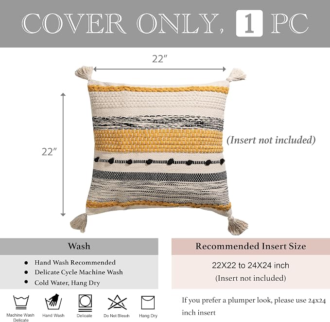 Boho Decorative Throw Pillow Cover 22x22 Square Yellow Mustard Accent - Image 4