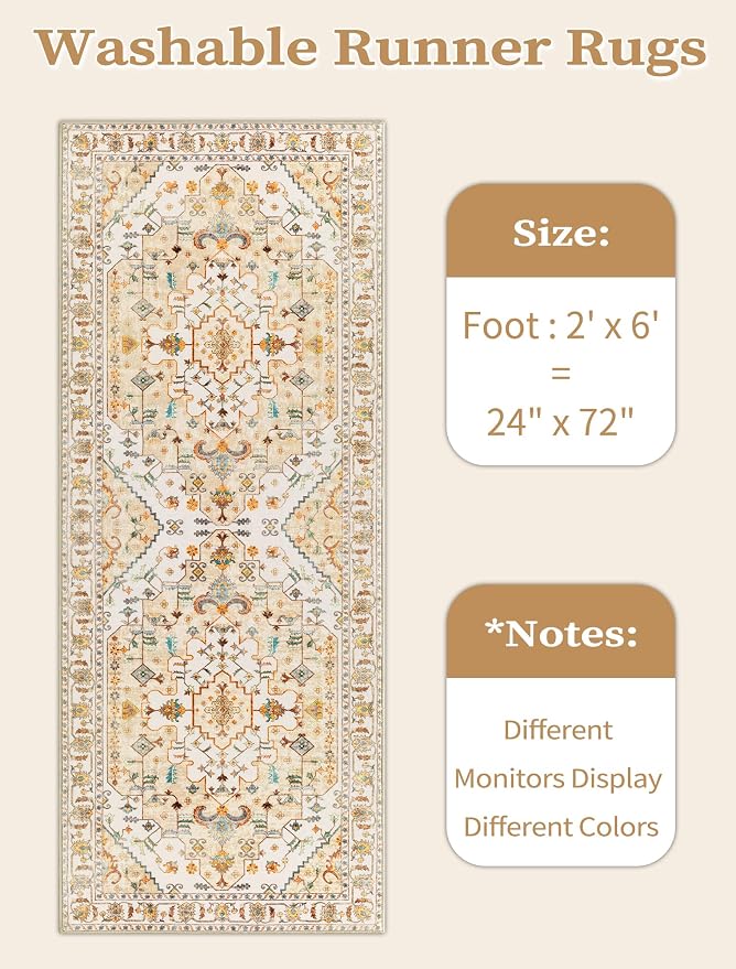 SERISSA Boho Washable Runner Rug, 2x6 Rug Runner Non-Slip Vintage Light Yellow - Image 6