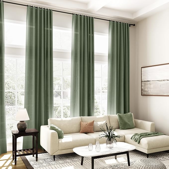 Nanspring Olive Green Linen Sheer Curtains 84 Inch Length 2 Panels - Image 6