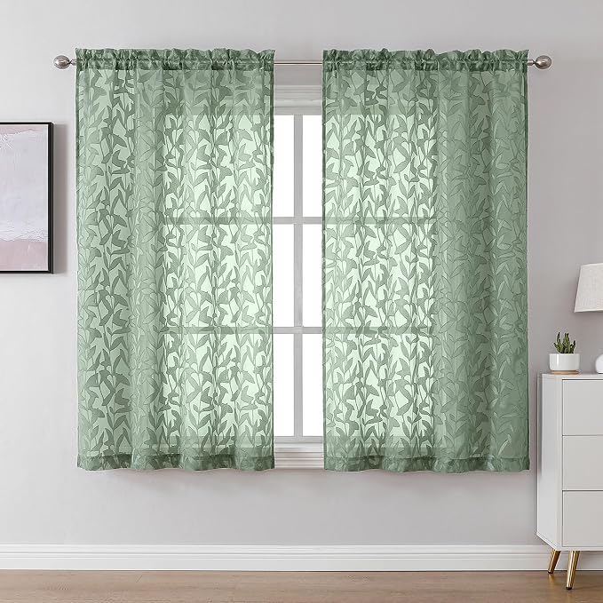 Lecloud Leia Sage Green Sheer Curtains 54 Inch Length 2 Panels, Voile Light by Lecloud