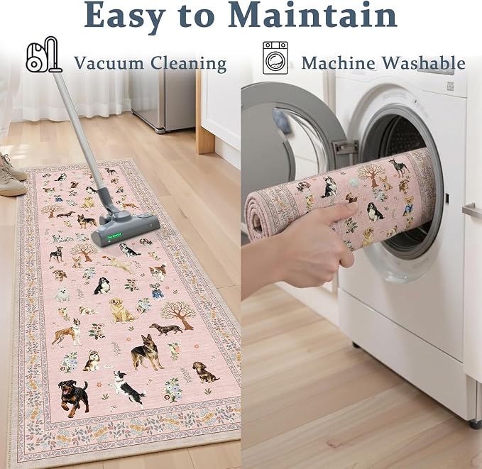 Pink Floral Dog Rug for Entryway 2x3 | Ultra-Thin; Boho Style;Low Pile;Non - Image 4