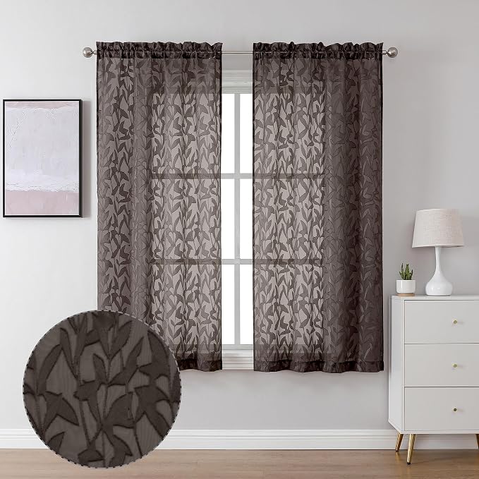 Lecloud Leia Clip Textured Leaf Chocolate Brown Sheer Curtain 63 Inch Length 2 by Lecloud
