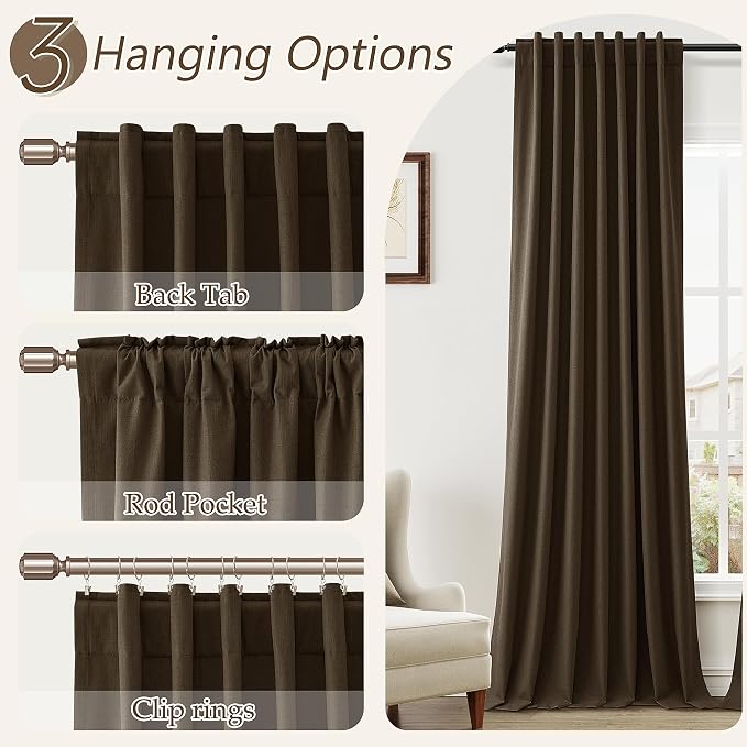 Guken Chocolate 100% Blackout Linen Curtains 102 Inch Length 2 Panels Set - Image 6