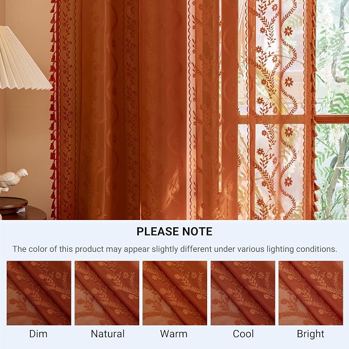 WAZZIO Boho Lace Curtains 80 Inch 2 Panels-Vintage Sheer Panel Drape Floral - Image 9