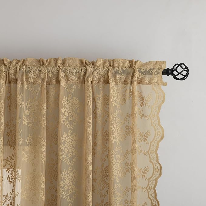 YJ YANJUN Vintage Lace Curtains 84 Inches Long-Victorian Floral Pattern Taupe - Image 3